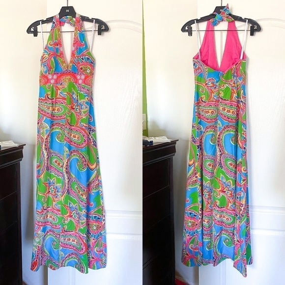 Lilly Pulitzer Dress Chellis Halter Paisley Maxi Summer Jewel Of The Pool 2 GUC - Picture 2 of 7